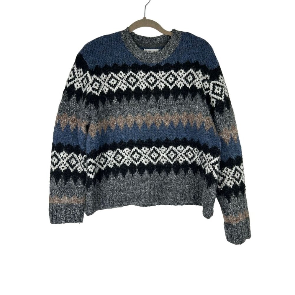 Evereve Womens Size Medium Fair Isle Knit Sweater Blue/Gray Long Sleeve